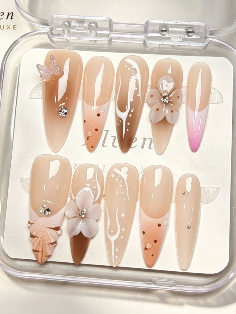Elegant Brown And Gray Stiletto Handmade Press On Nails Art Set
